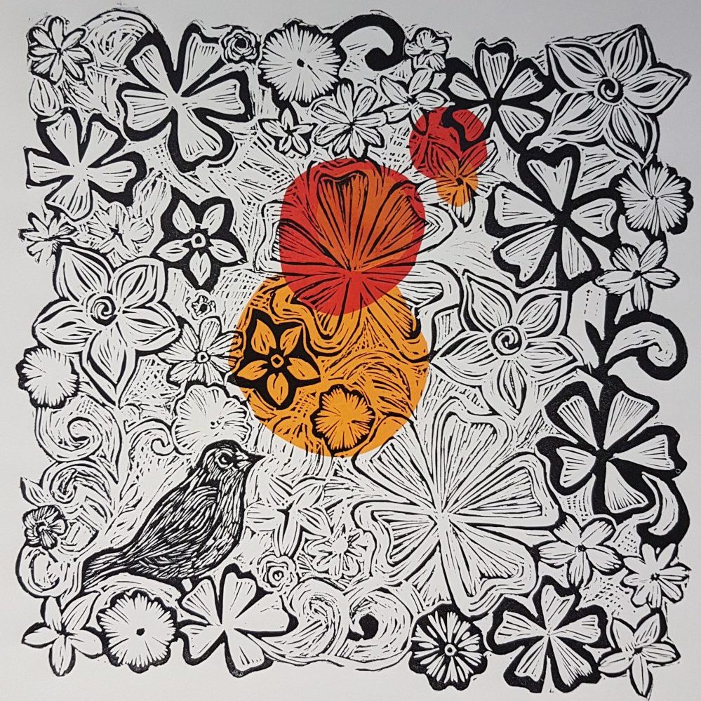 78-1 Linocut Surrounded by flowers