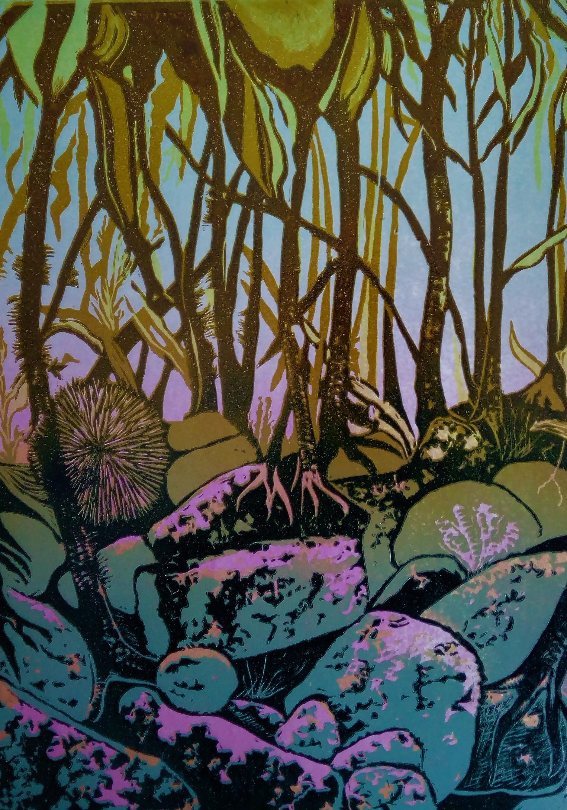 10-1 Reduction Linoprint Kelp Forest, Ocean World series